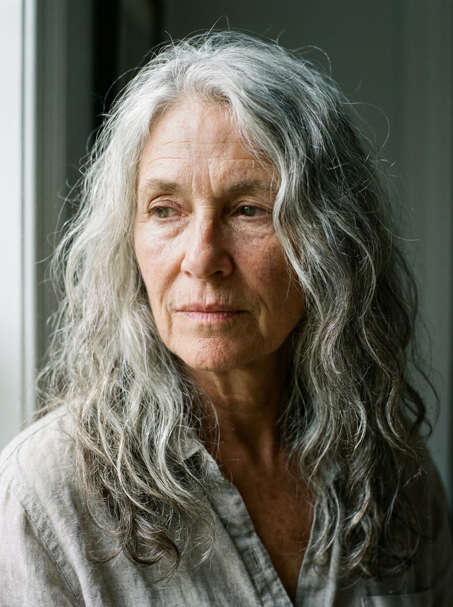 Lange graue Haare mit natürlichen Wellen - Graue Haare Frisur